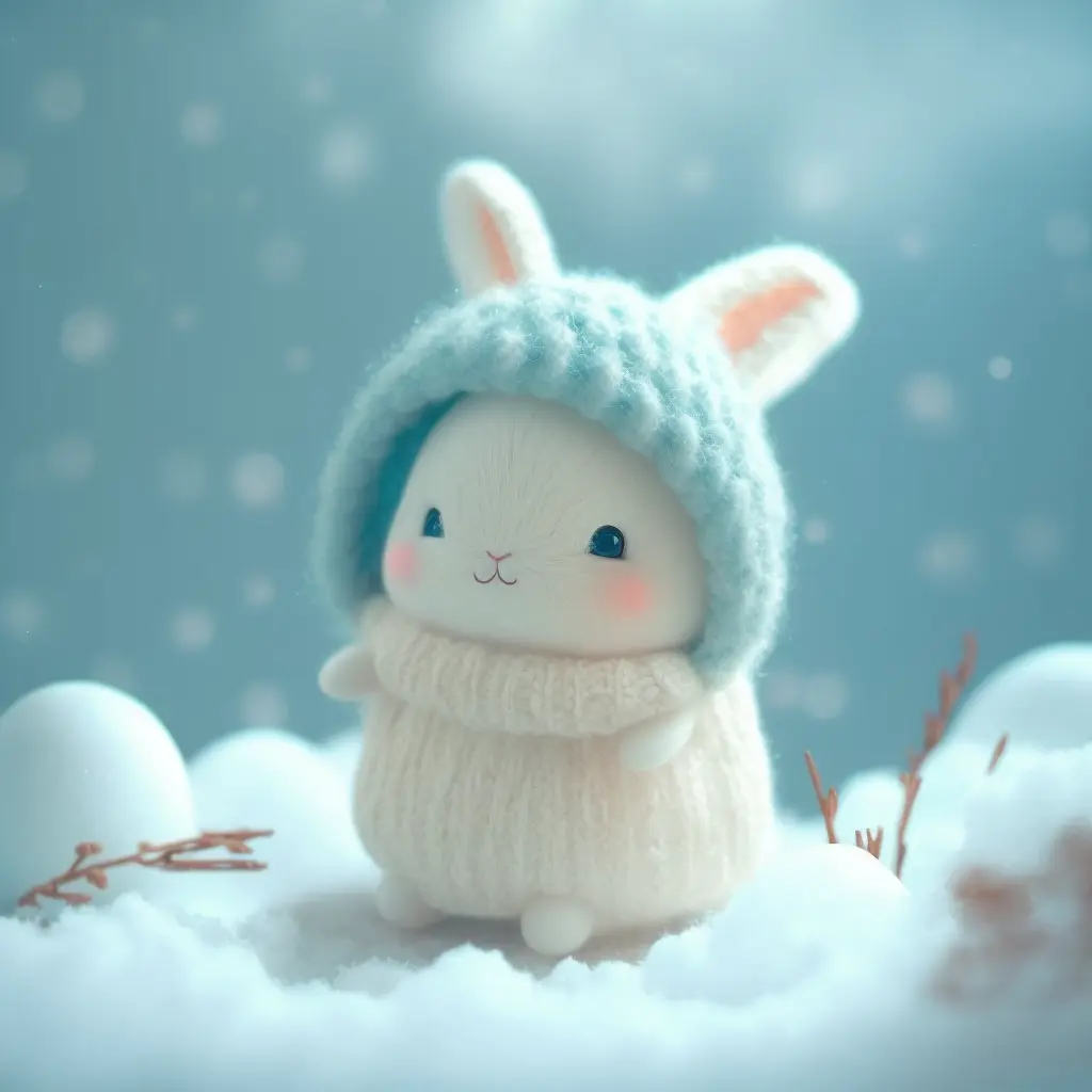 snowing winter, super cute baby pixar style white fairy bunny, shiny snow-white fluffy, big bright eyes, wearing a woolly cyan hat, delicate and fine, high detailed, bright color, natural light, simple background, octane render, ultra wide angle, 8K